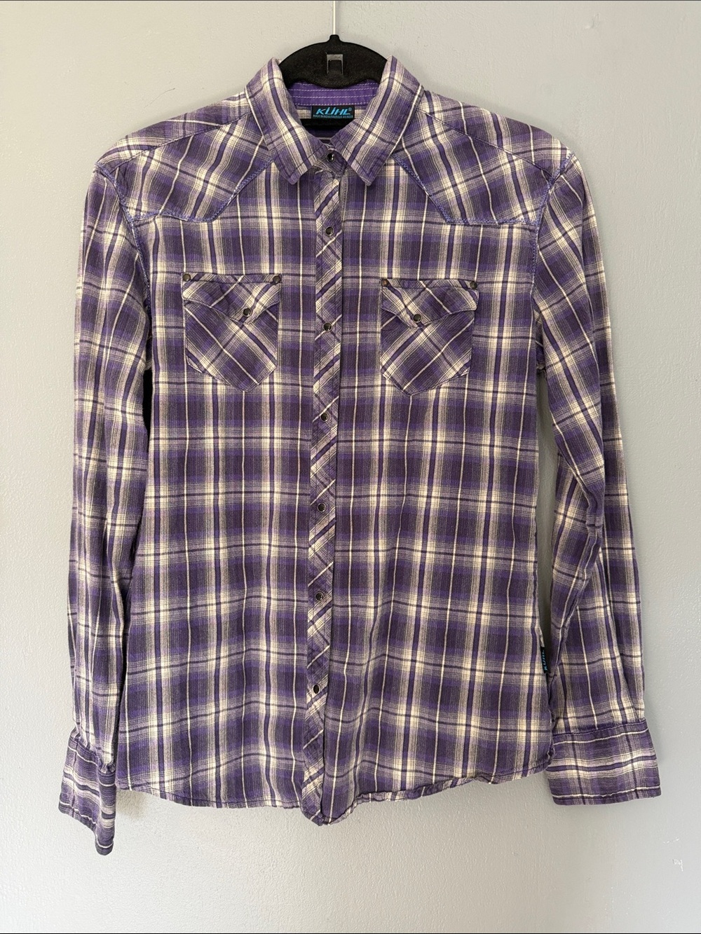 KUHL Western Gorpcore Purple Plaid Pearl Snap Long Sleeve Shirt‎ Women’s Medium